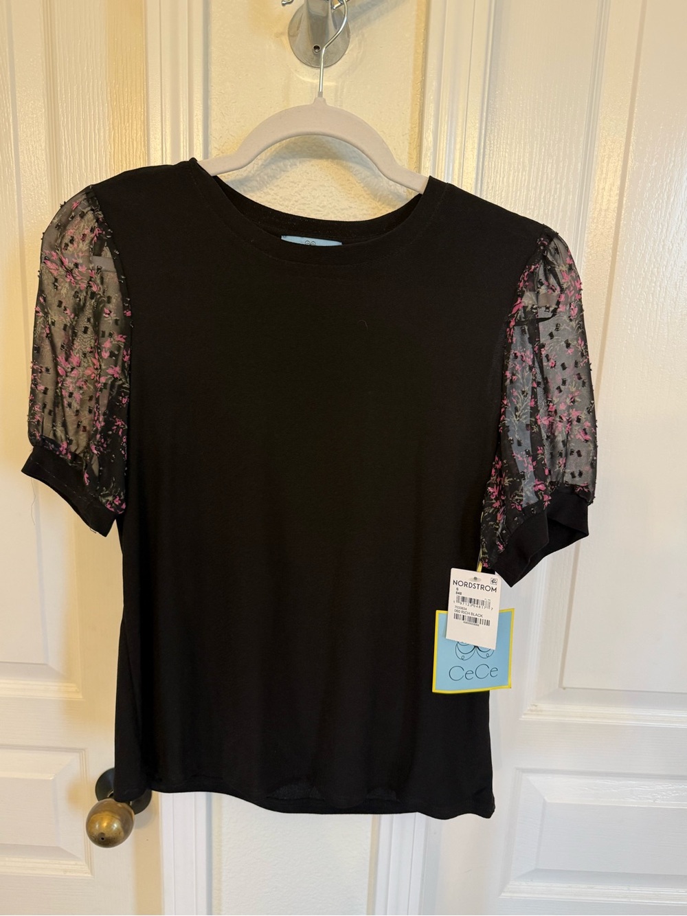 CeCe Black Tee with Pink Embroidered Sheer Sleeves